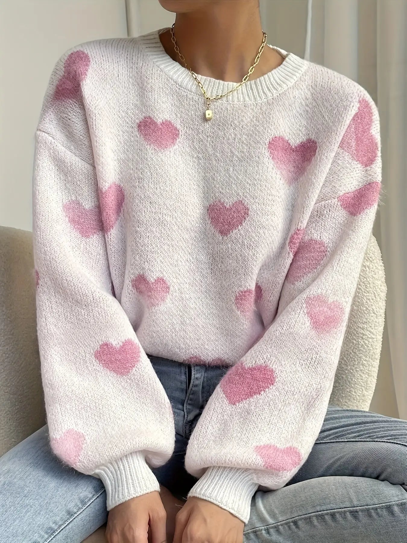 Cozy Heart Pattern Crew Neck Sweater - Women's Clothing - Elegant Drop Shoulder Long Sleeve Sweater for Fall and Winter, Soft and Warm Knitwear for Ladies, Perfect for Casual Daily Wear and Holiday Gifts Classicenvision