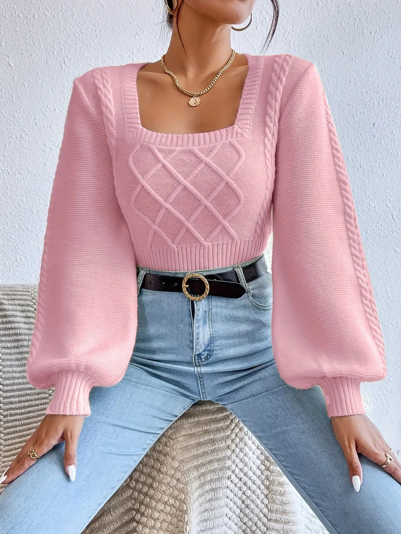 Cozy Cable Knit Square Neck Sweater - Pullovers - Soft, Casual Long Sleeve Pullover Sweater for Fall & Winter, Women's Clothing, Perfect for Daily Wear, Outdoor Activities, and Gift Ideas Classicenvision