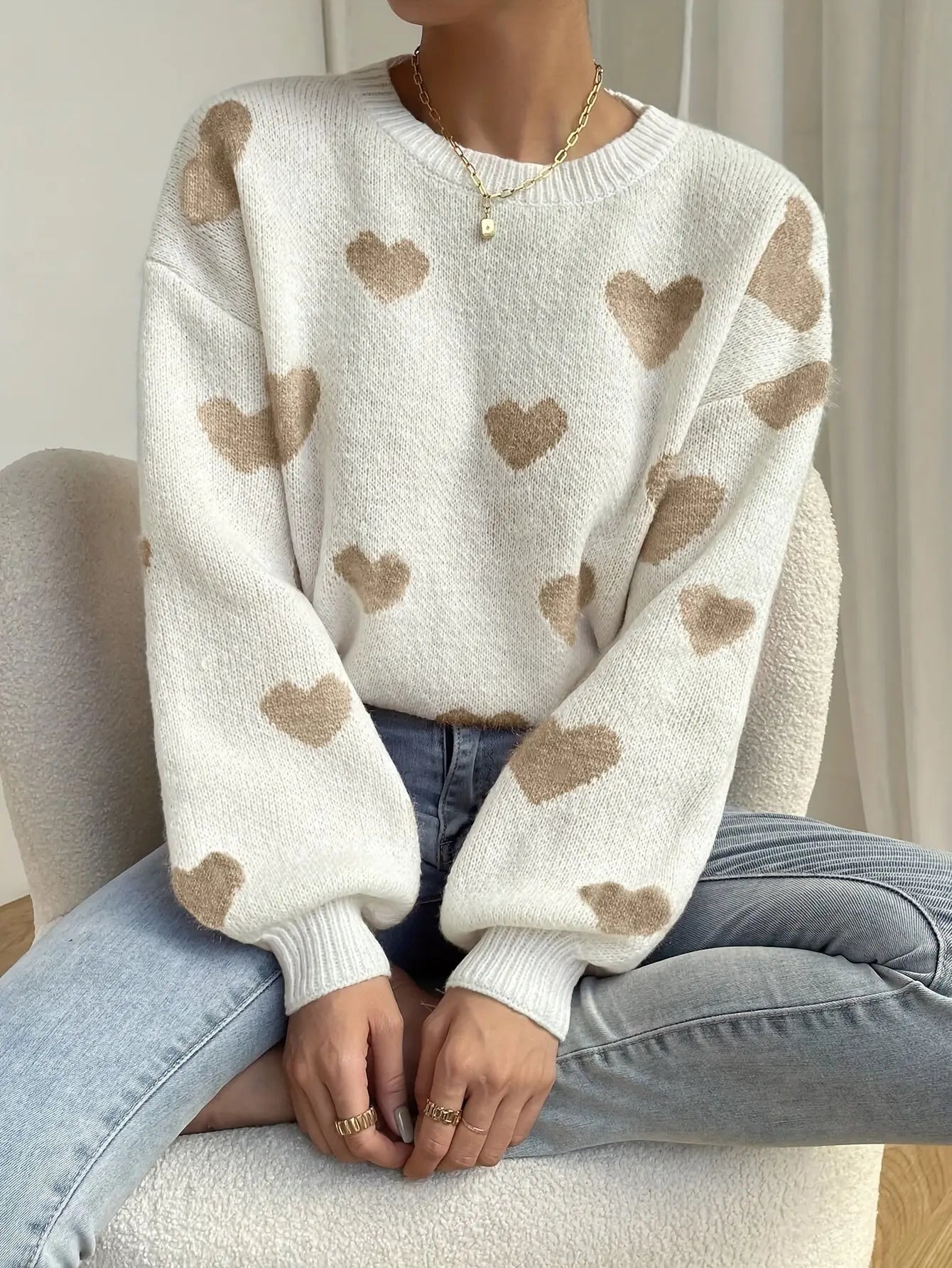 Cozy Heart Pattern Crew Neck Sweater - Women's Clothing - Elegant Drop Shoulder Long Sleeve Sweater for Fall and Winter, Soft and Warm Knitwear for Ladies, Perfect for Casual Daily Wear and Holiday Gifts Classicenvision