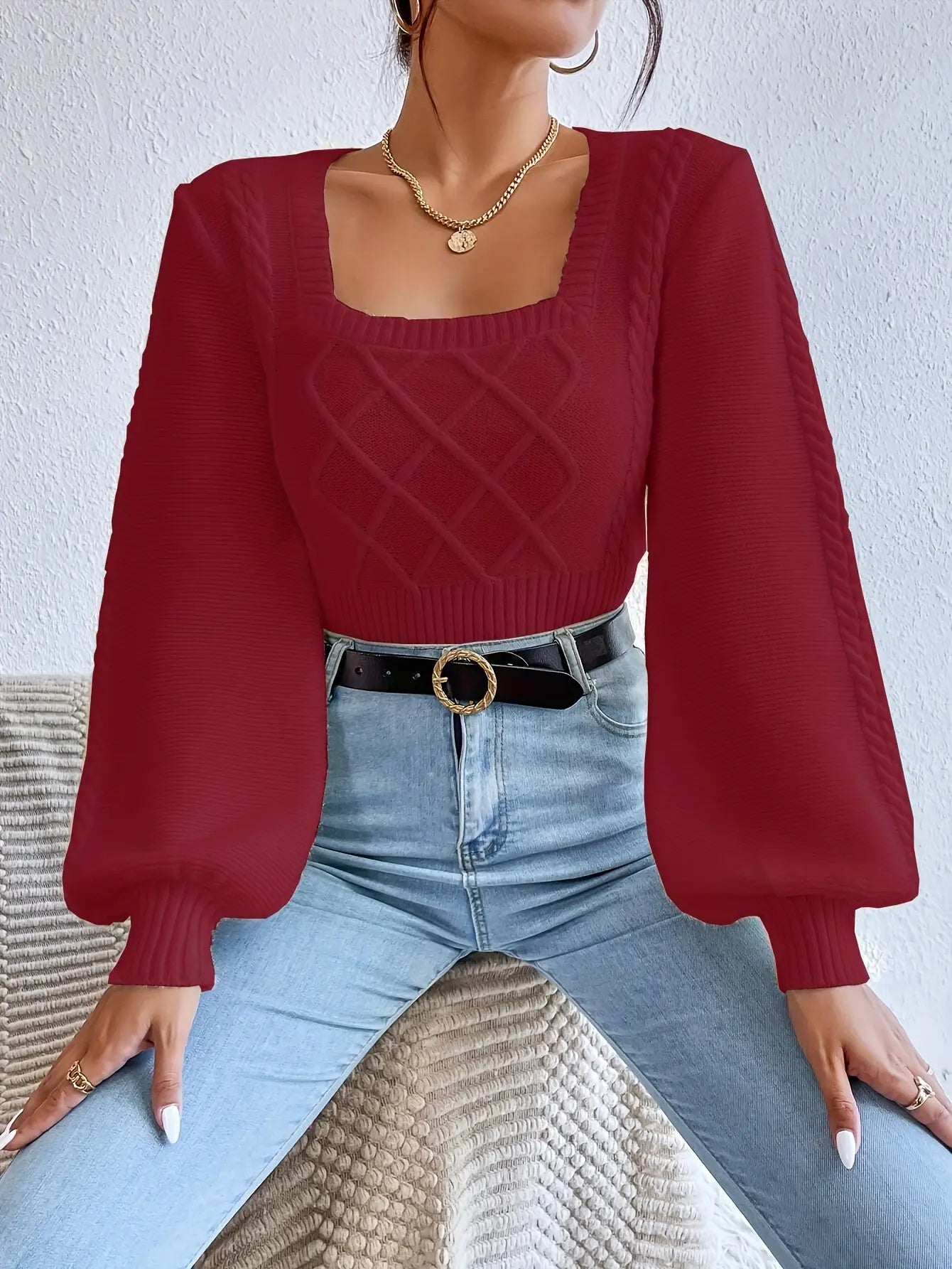 Cozy Cable Knit Square Neck Sweater - Pullovers - Soft, Casual Long Sleeve Pullover Sweater for Fall & Winter, Women's Clothing, Perfect for Daily Wear, Outdoor Activities, and Gift Ideas Classicenvision