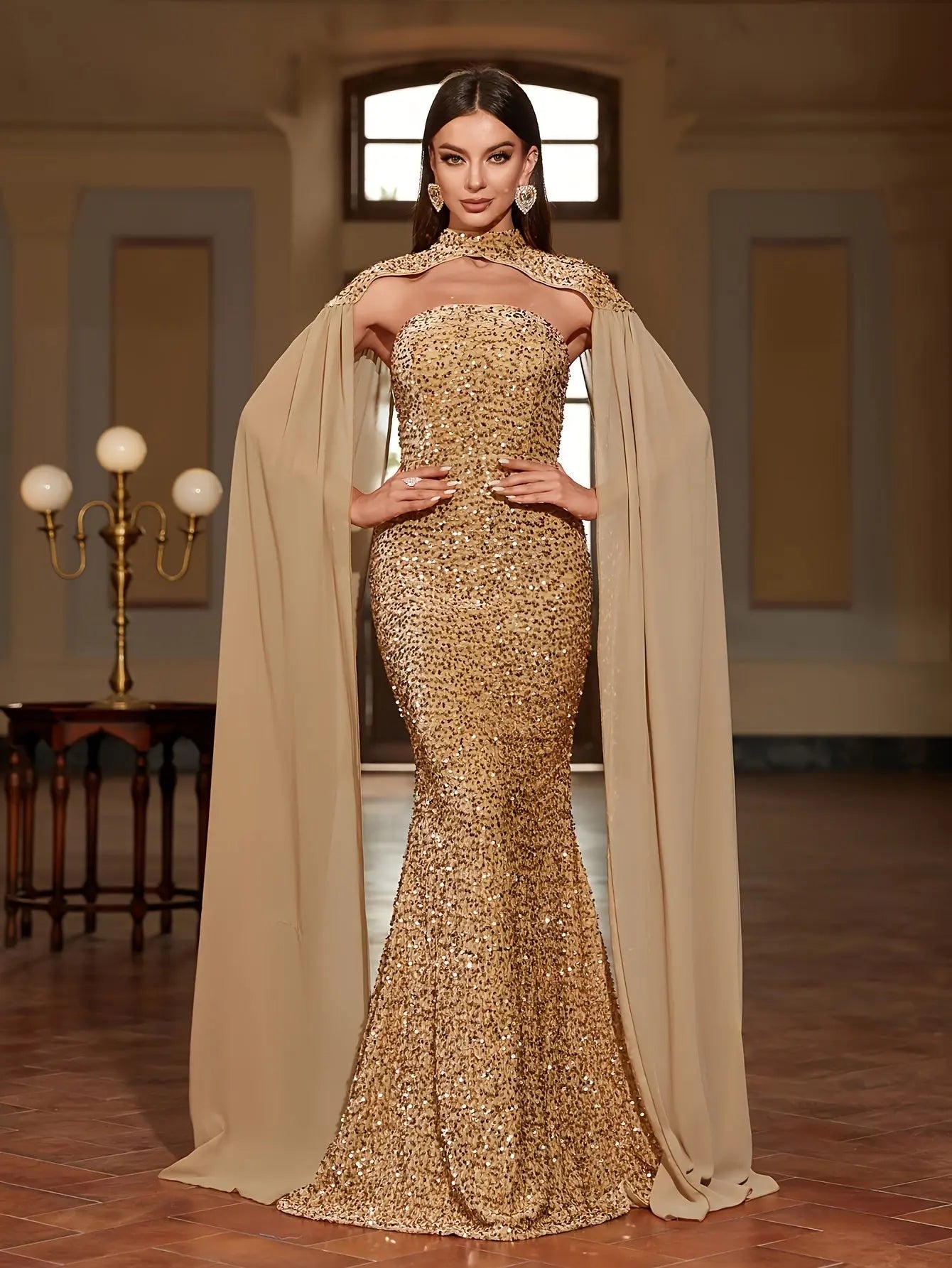 Sparkling Sequin Tube Dress, Elegant Strapless Mermaid Hem Cape Sleeve Floor Length Dress For Party & Banquet, Women's Clothing Classicenvision