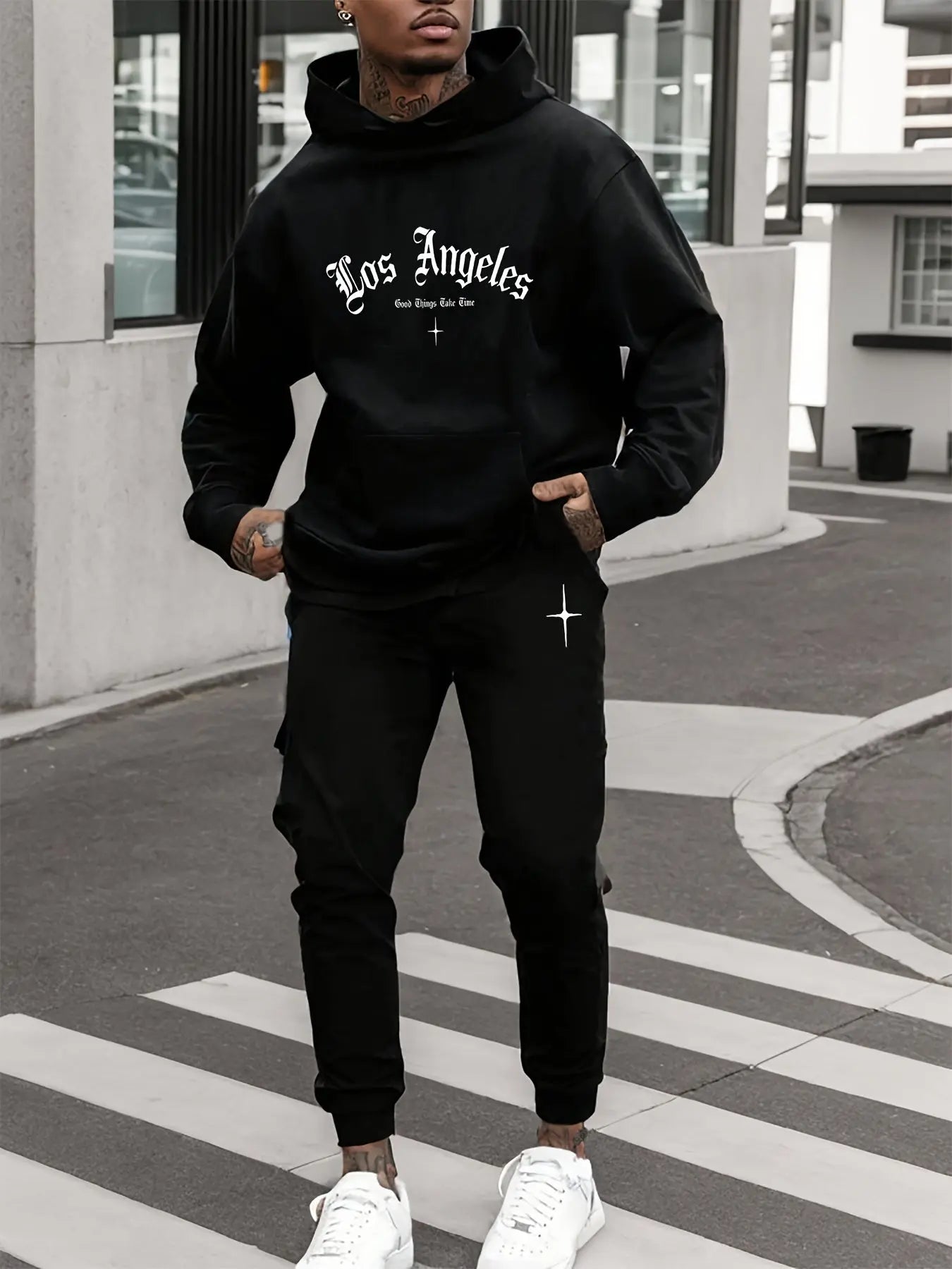 Los Angeles Cross Print Men's Sports Sweatsuit Set - Hooded Polyester Tracksuit with Pockets, Long Sleeve, Slight Stretch Knit Fabric - Casual Loose Fit Lounge Wear for Fall/Winter Classicenvision